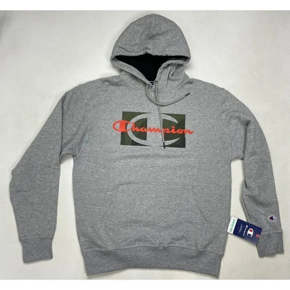 Champion Graphic Powerblend Pullover Hoodie Men Medium Gray GF89H NWT